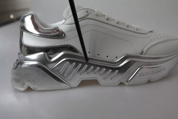 Dolce & Gabbana White Silver Daymaster Leather Sneakers Shoes