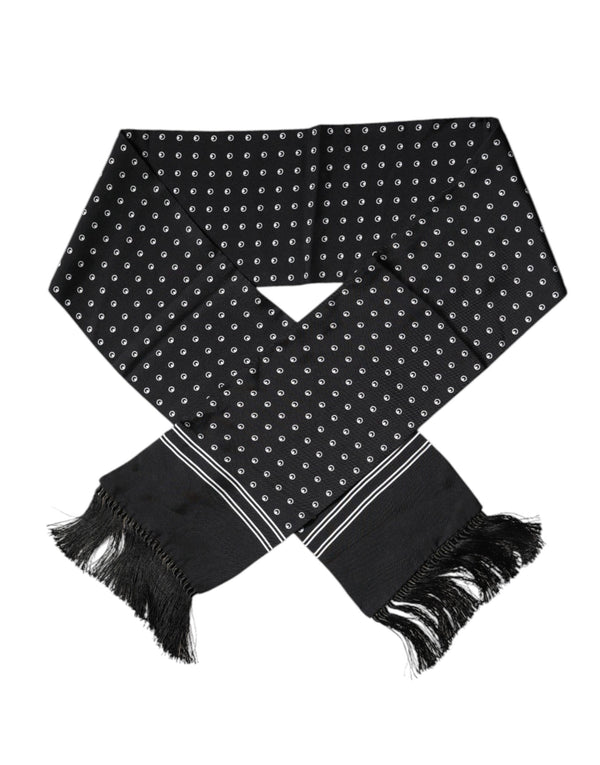 Dolce & Gabbana Black White Polka Dotted Silk Skinny Fringes Scarf