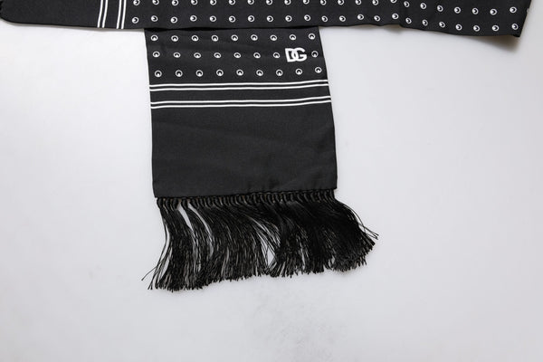 Dolce & Gabbana Black White Polka Dotted Silk Skinny Fringes Scarf