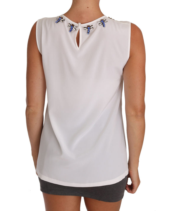 Dolce &amp; Gabbana White Silk Crystal Ebellished Fly T-paita