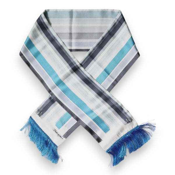 Dolce & Gabbana White Blue Stripes Silk Fringes Wrap Scarf