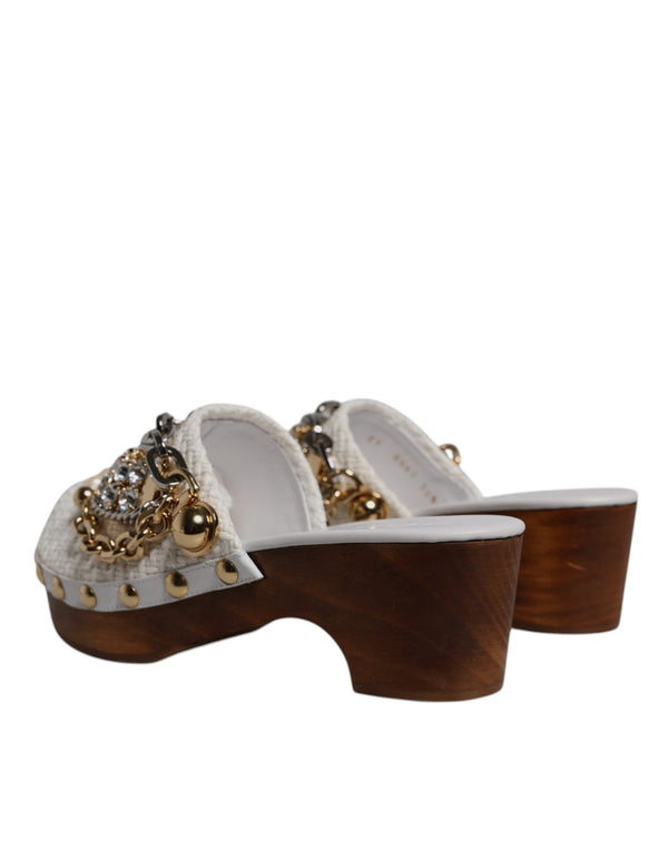 Dolce & Gabbana White Raffia Clogs Bejeweled Chain Sandals Shoes