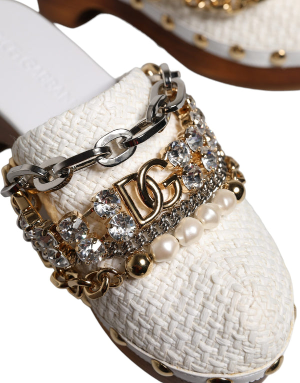 Dolce & Gabbana White Raffia Clogs Bejeweled Chain Sandals Shoes