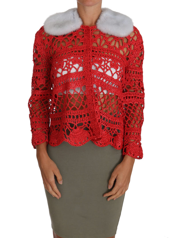 Dolce & Gabbana Elegant Red Crochet Knit Cardigan with Fur Collar