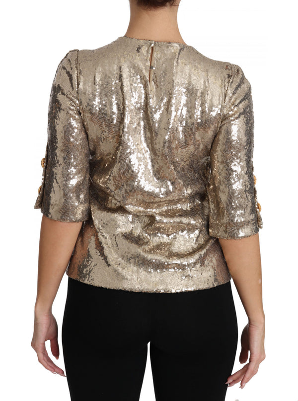 Dolce & Gabbana Gold Parrot Motif Crewneck Blouse with Crystals