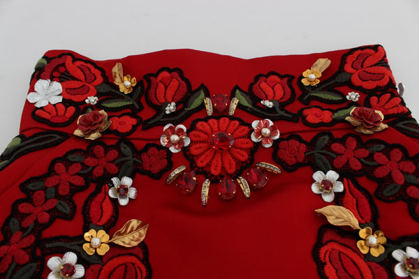 Dolce &amp; Gabbana Red Silk Crystal Roses shortsit 