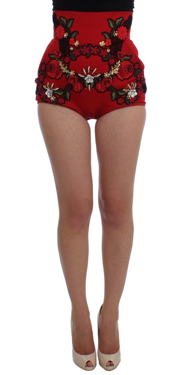 Dolce &amp; Gabbana Red Silk Crystal Roses shortsit 