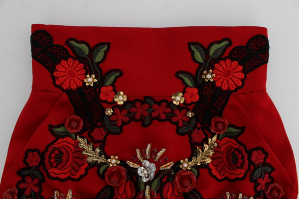 Dolce &amp; Gabbana Red Silk Crystal Roses shortsit 