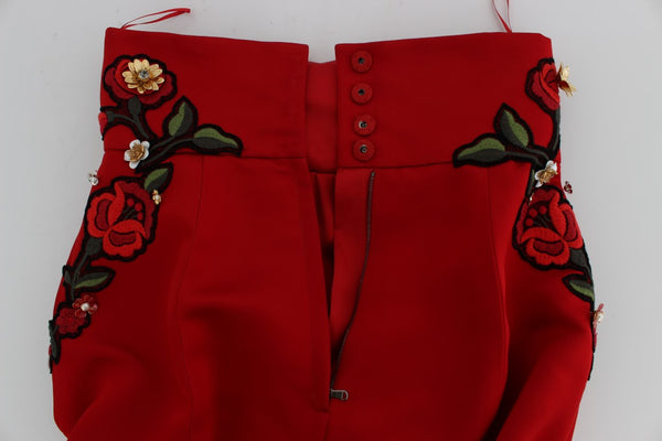 Dolce &amp; Gabbana Red Silk Crystal Roses shortsit 