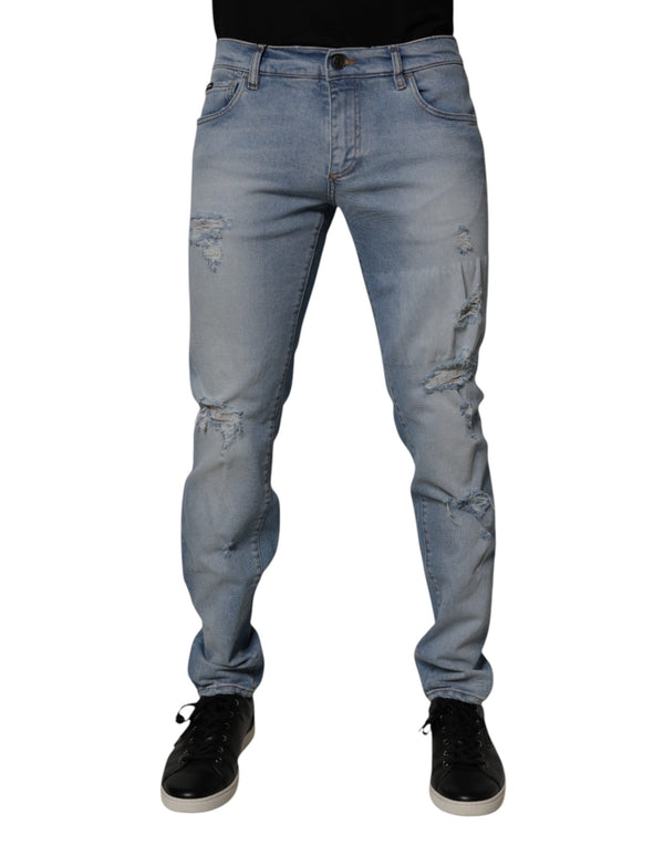 Dolce & Gabbana Blue Tattered Cotton Skinny Men Denim Jeans