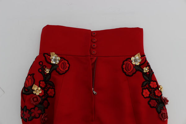 Dolce &amp; Gabbana Red Silk Crystal Roses shortsit 