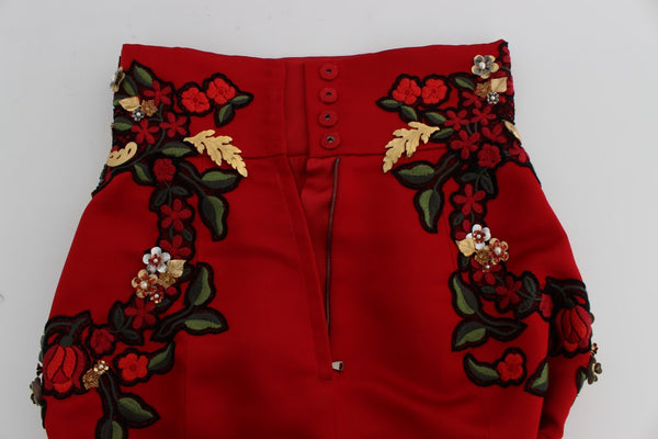 Dolce &amp; Gabbana Red Silk Pearls Roses shortsit