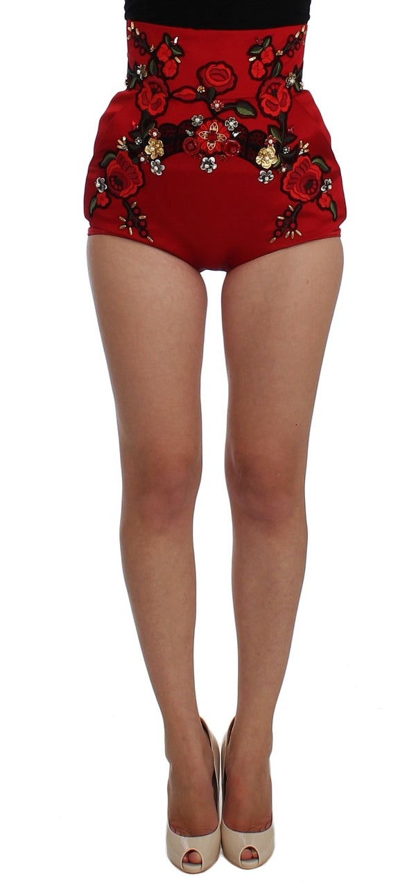 Dolce &amp; Gabbana Red Silk Crystal Roses shortsit 