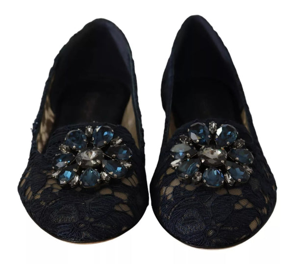 Dolce & Gabbana Blue Crystal Loafer Lace Ballet Flats Shoes