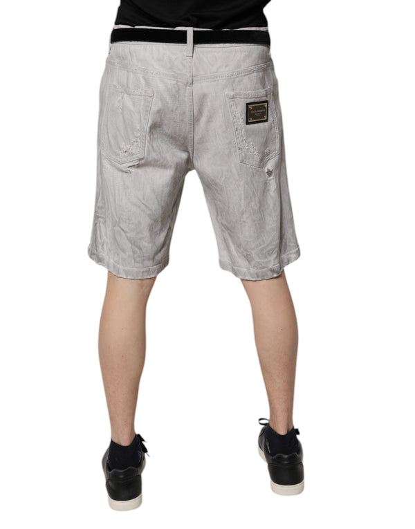 Dolce & Gabbana Light Gray Tattered Men Denim Bermuda Shorts
