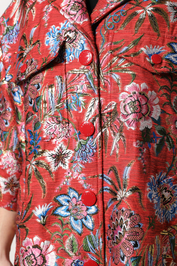 Dolce & Gabbana Red Floral Jacquard Button Down Coat Jacket