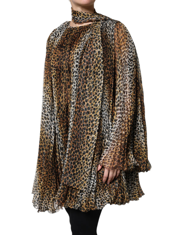 Dolce & Gabbana Brown Leopard Print Scarf Collared Chiffon Dress