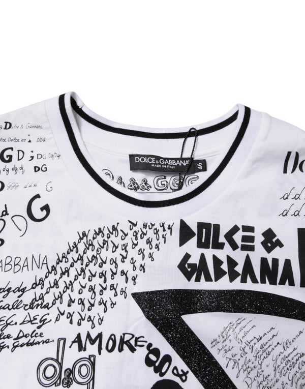 Dolce & Gabbana White Graffiti Print Cotton Crew Neck T-shirt