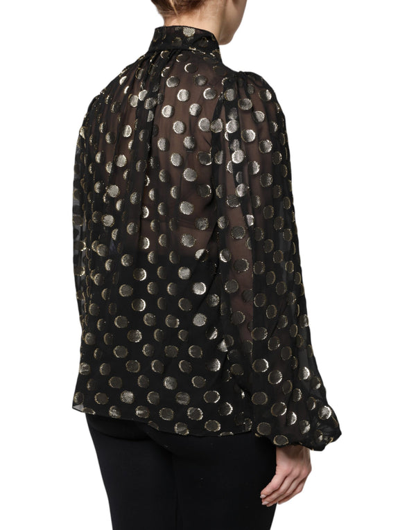 Dolce & Gabbana Black Sheer Tied Neck Polka Dots Blouse Top