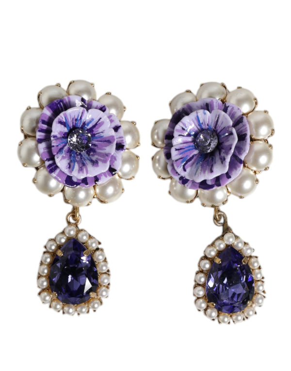 Dolce & Gabbana Purple Flower Pearl Teardrop Crystals Clip On Earrings