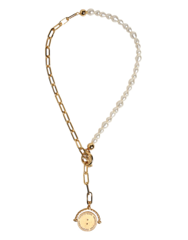 Dolce & Gabbana Gold Chain Brass Faux Pearl Charm Logo Pendant Necklace