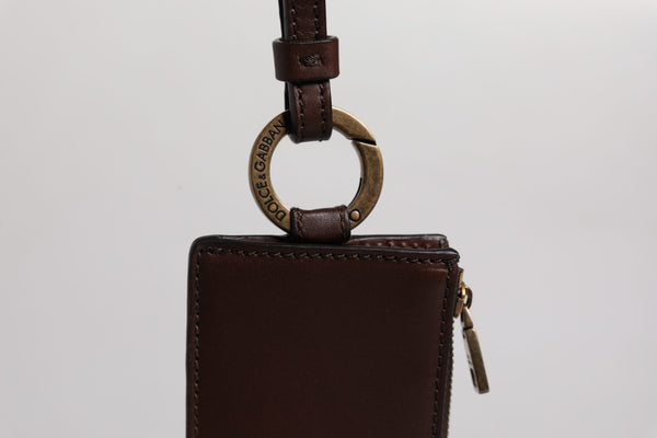 Dolce & Gabbana Brown Calf Leather Lanyard Logo Card Holder Wallet