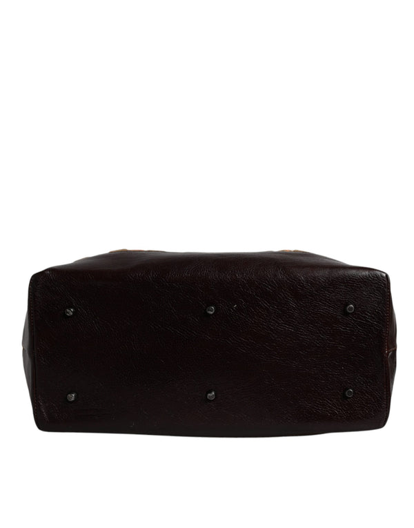 Dolce & Gabbana Beige Maroon Velvet Leather Jacquard Travel Handbag Bag