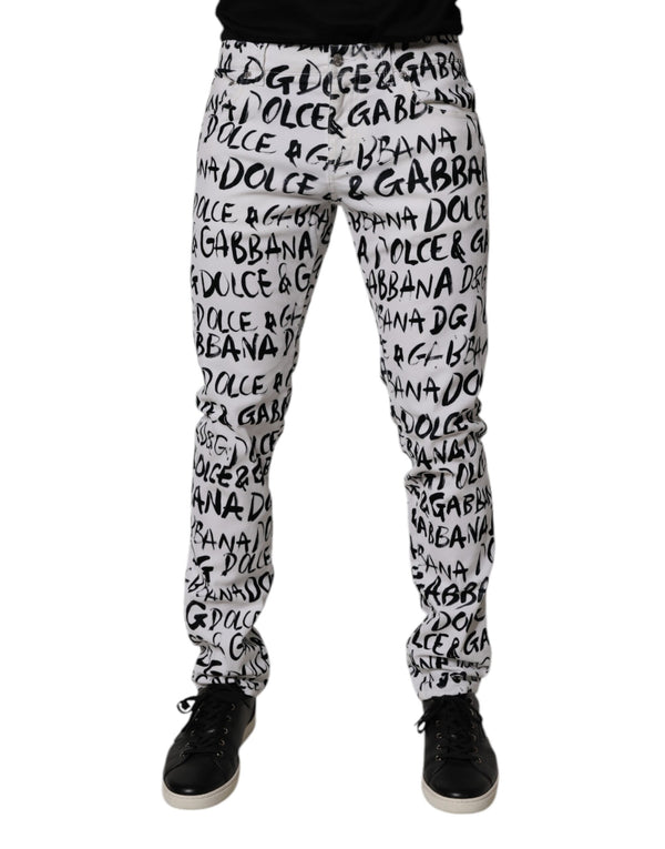Dolce & Gabbana White Cotton Logo Print Skinny Denim Jeans
