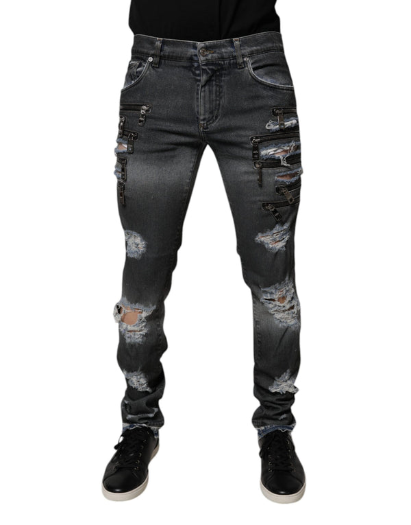 Dolce & Gabbana Dark Gray Tattered Cotton Skinny Denim Jeans