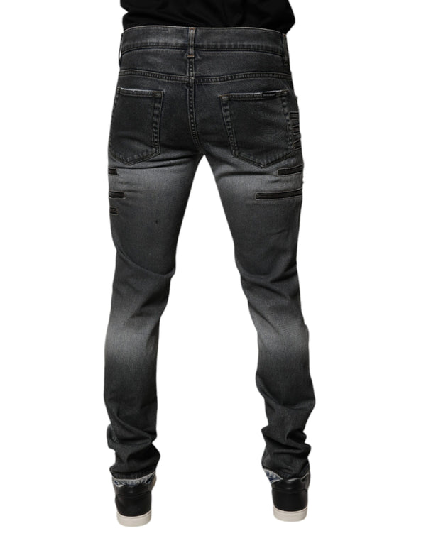 Dolce & Gabbana Dark Gray Tattered Cotton Skinny Denim Jeans