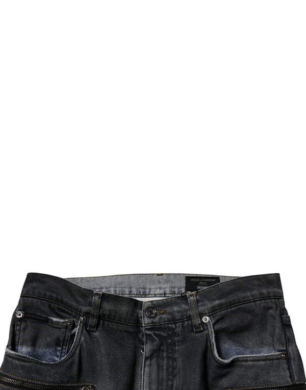 Dolce & Gabbana Dark Gray Tattered Cotton Skinny Denim Jeans