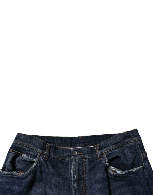 Dolce & Gabbana Dark Blue Tattered Wide Leg Men Denim Jeans