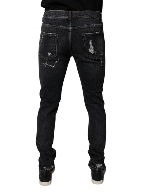 Dolce & Gabbana Black Tattered Cotton Skinny Men Denim Jeans
