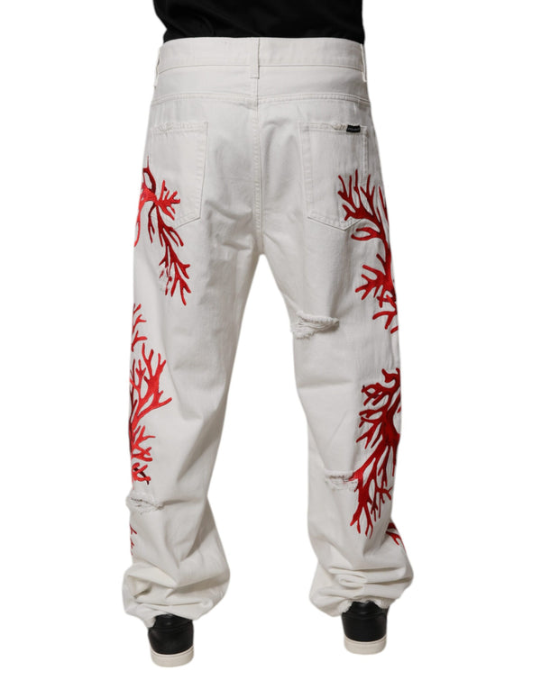 Dolce & Gabbana White Corals Tattered Straight Denim Jeans