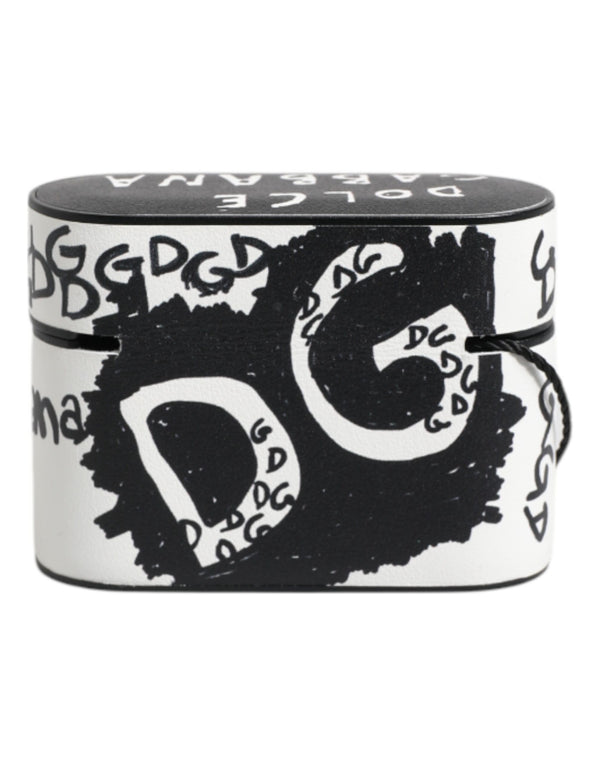 Dolce & Gabbana Black White Leather Scribble Embossed Logo Airpods Case