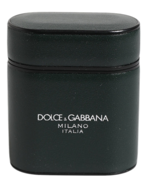 Dolce & Gabbana Green Calfskin Leather Logo Print Flip Holder Airpods Case
