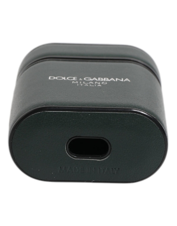 Dolce & Gabbana Green Calfskin Leather Logo Print Flip Holder Airpods Case