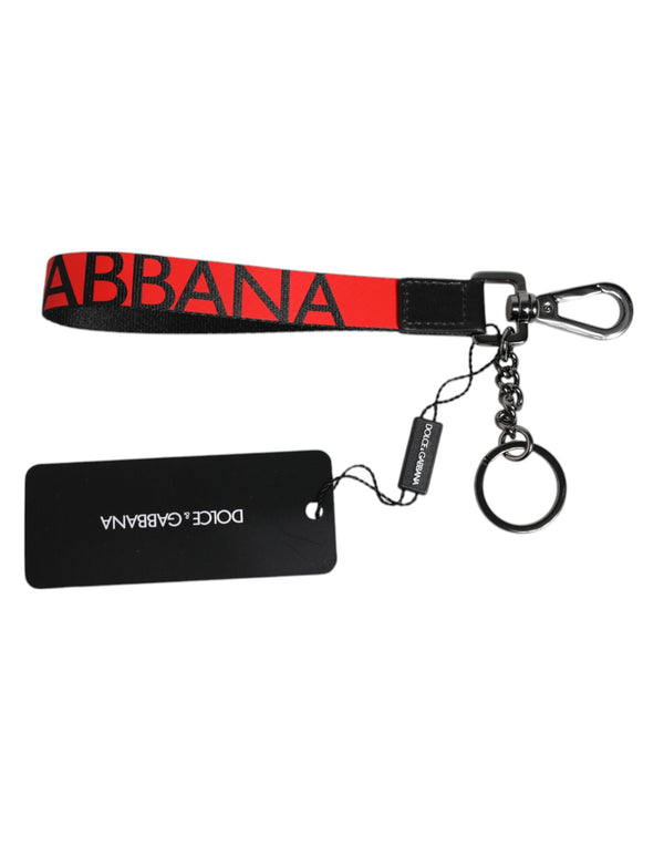 Dolce & Gabbana Red Logo Nylon Silver Brass Men Holder Keychain Keyring