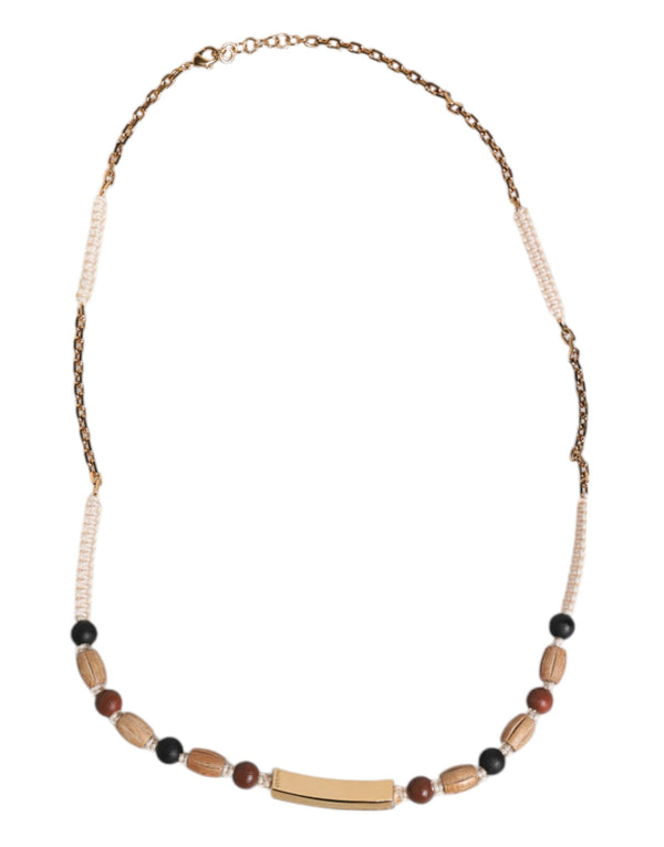 Dolce & Gabbana Black Gold Wooden Beaded Logo Pendant Necklace