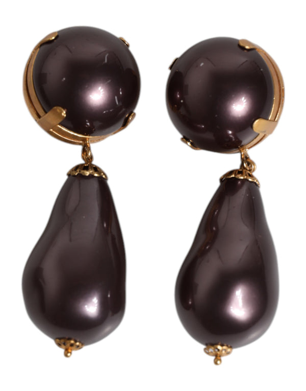 Dolce & Gabbana Gold Brass Black Pearl Clip On Dangling Jewelry Earrings