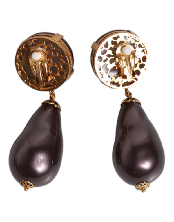 Dolce & Gabbana Gold Brass Black Pearl Clip On Dangling Jewelry Earrings
