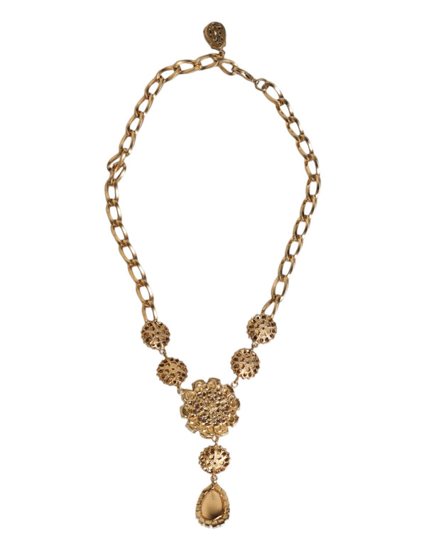 Dolce & Gabbana Gold Brass Floral Crystals Pearl Embellished Necklace