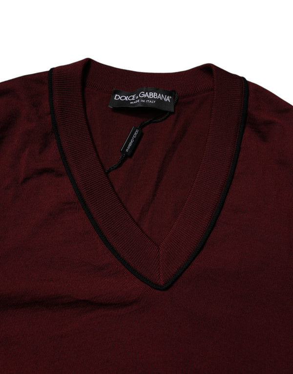 Dolce & Gabbana Maroon Cashmere V-neck Men Pullover Sweater