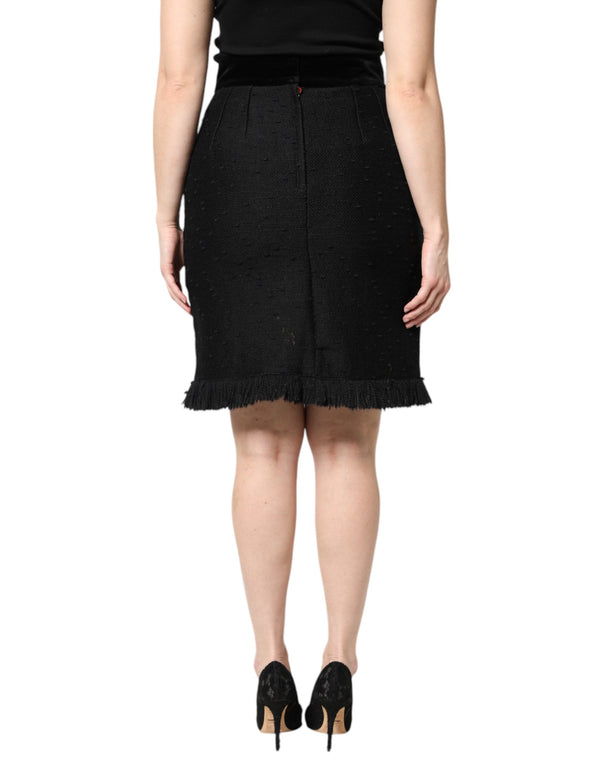 Dolce & Gabbana Black Wool Fringe High Waist Pencil Mini Skirt