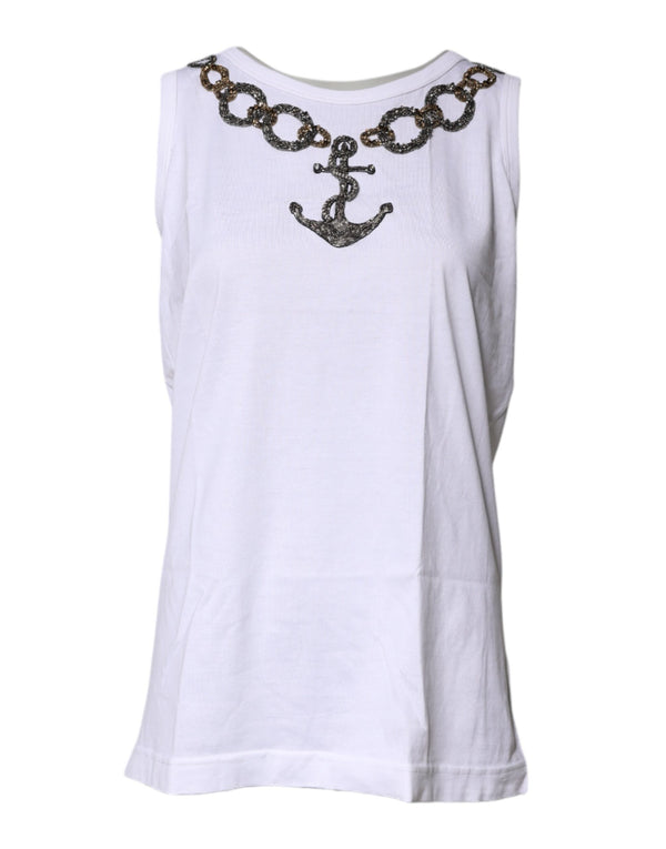 Dolce & Gabbana White Cotton Anchor Chain Embroidery Tank Top