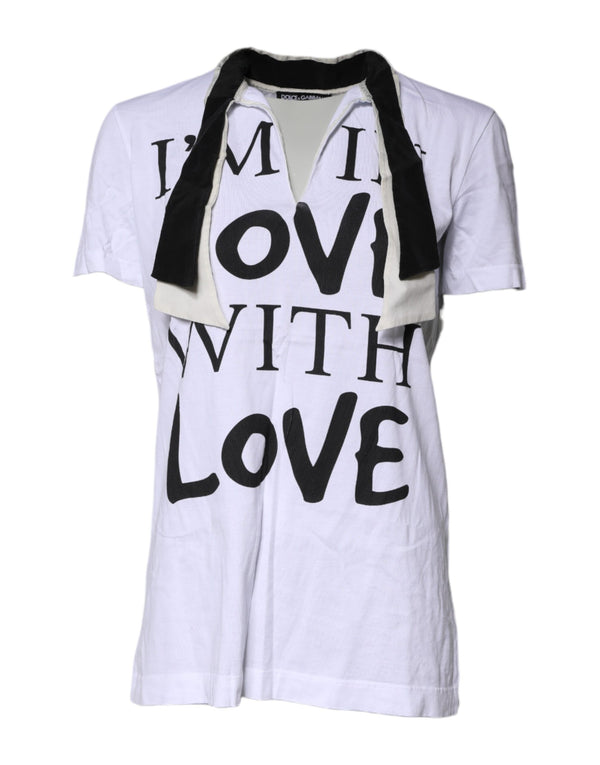 Dolce & Gabbana White Cotton Silk Blend Ascot Collar T-shirt