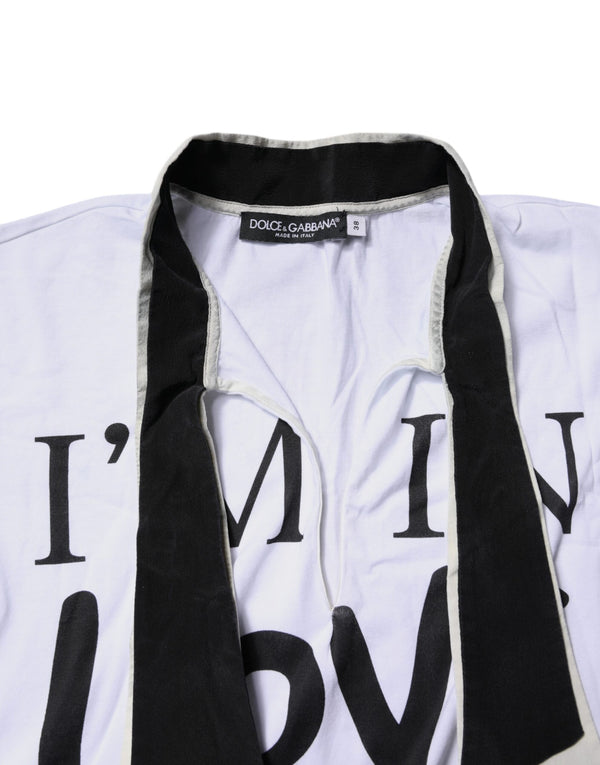 Dolce & Gabbana White Cotton Silk Blend Ascot Collar T-shirt