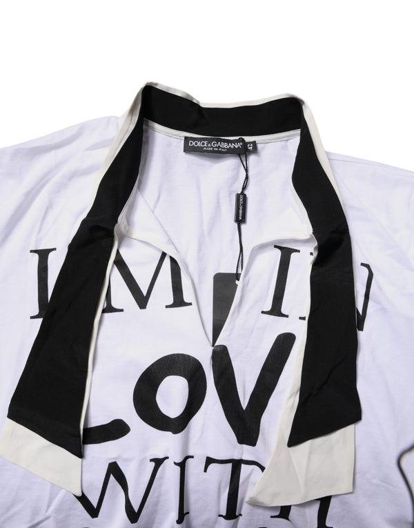 Dolce & Gabbana White Cotton Silk Blend Ascot Collar T-shirt