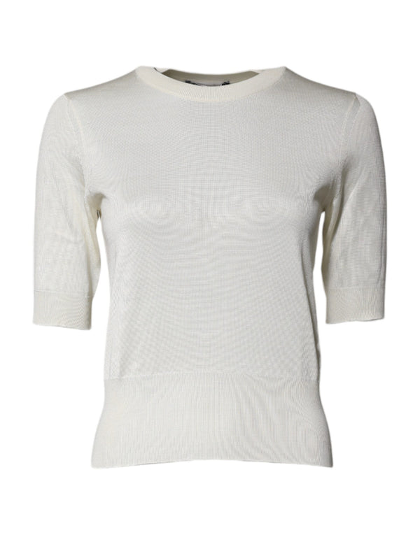 Dolce & Gabbana Cream Short Sleeve Silk Round Neck Blouse Top