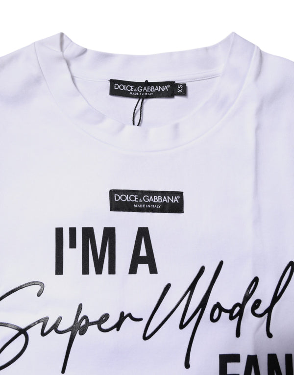 Dolce & Gabbana White Printed Cotton Round Neck Top T-shirt